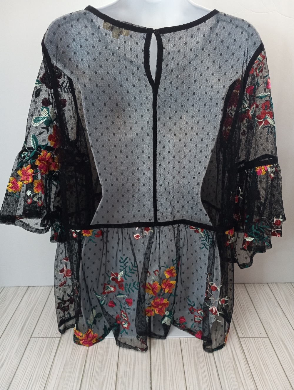 Umgee Black Sheer Mesh Dot Embroidered Floral Boho Bell Sleeve Peplum Top  - Picture 3 of 7